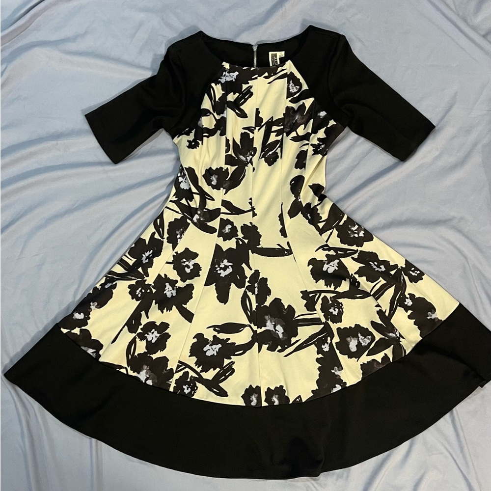 Julian Taylor Black and White Floral Midi Dress fit flare vintage 1950s look